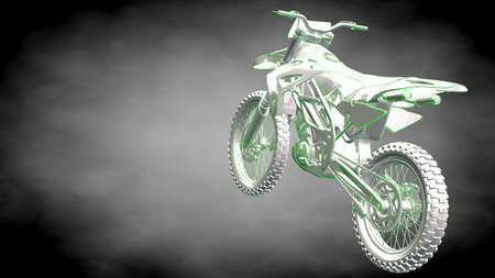 3d rendering of a reflective motor with green outlined lines as blueprint on dark background