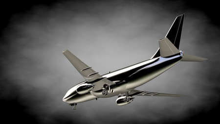 3d rendering of a metalic reflective airplane on a dark background