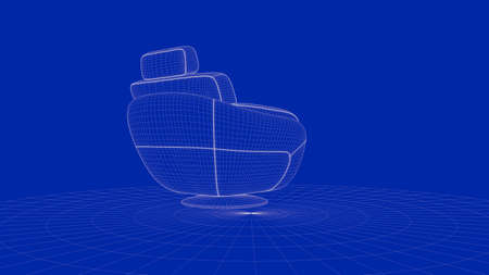 3d rendering of an outline chair object on a blue backgroundの写真素材