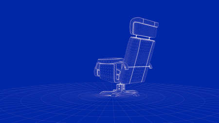 3d rendering of an outline chair object on a blue backgroundの写真素材