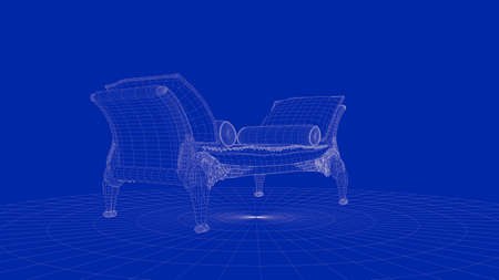 3d rendering of an outline chair object on a blue backgroundの写真素材