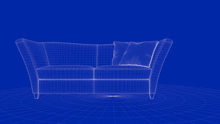 3d rendering of an outline chair object on a blue background