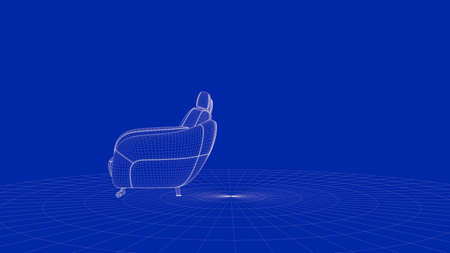 3d rendering of an outline chair object on a blue backgroundの写真素材