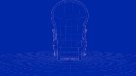 3d rendering of an outline chair object on a blue backgroundの写真素材