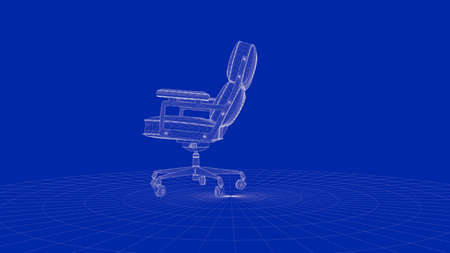 3d rendering of an outline chair object on a blue backgroundの写真素材