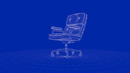 3d rendering of an outline chair object on a blue backgroundの写真素材