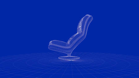 3d rendering of an outline chair object on a blue backgroundの写真素材