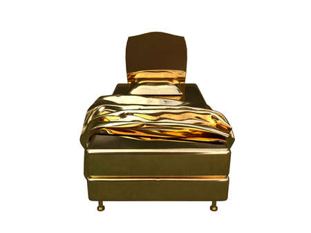 3d rendering of a golden bed isolated on a white backgroundの写真素材