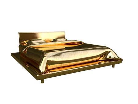 3d rendering of a golden bed isolated on a white backgroundの写真素材
