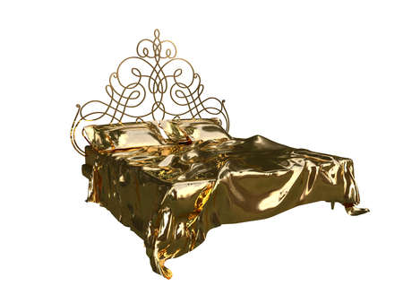 3d rendering of a golden bed isolated on a white backgroundの写真素材
