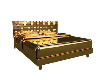 3d rendering of a golden bed isolated on a white backgroundの写真素材