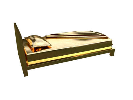 3d rendering of a golden bed isolated on a white backgroundの写真素材