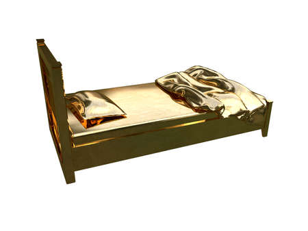 3d rendering of a golden bed isolated on a white backgroundの写真素材