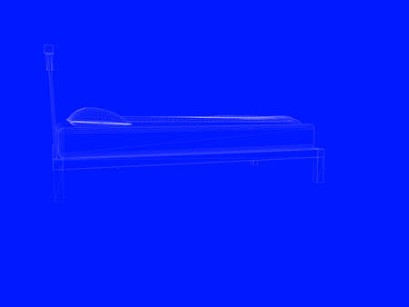 3d rendering of a bed blueprint as lines on a blue backgroundの写真素材
