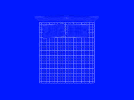 3d rendering of a bed blueprint as lines on a blue backgroundの写真素材