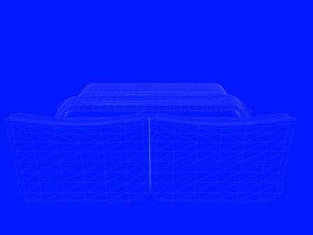 3d rendering of a bed blueprint as lines on a blue backgroundの写真素材