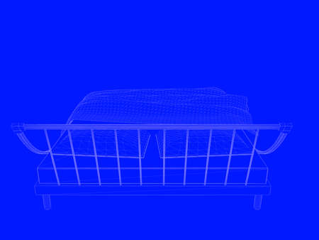 3d rendering of a bed blueprint as lines on a blue backgroundの写真素材