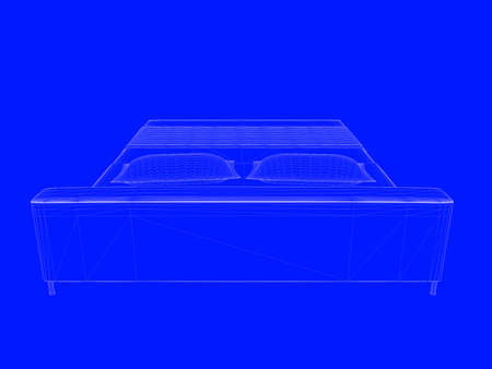 3d rendering of a bed blueprint as lines on a blue backgroundの写真素材