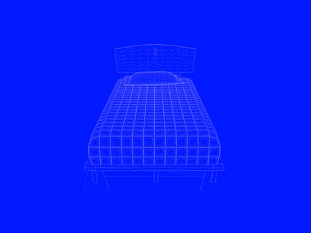 3d rendering of a bed blueprint as lines on a blue backgroundの写真素材