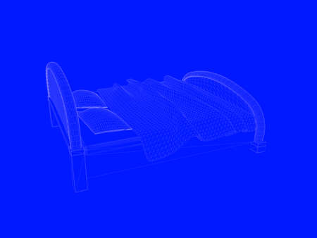 3d rendering of a bed blueprint as lines on a blue backgroundの写真素材