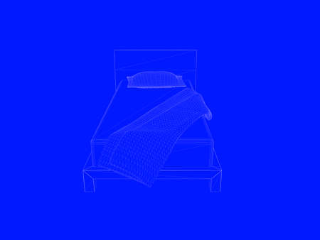 3d rendering of a bed blueprint as lines on a blue backgroundの写真素材