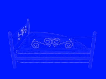 3d rendering of a bed blueprint as lines on a blue backgroundの写真素材