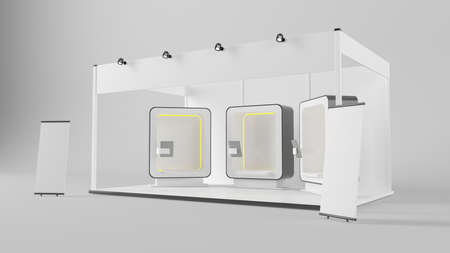 3d rendering of a futuristic exhibition with three booths and an Ipad holders inside a studio