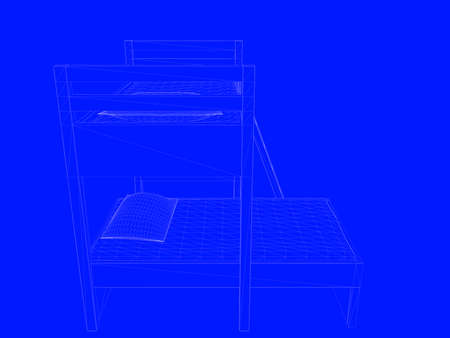 3d rendering of a bed blueprint as lines on a blue backgroundの写真素材
