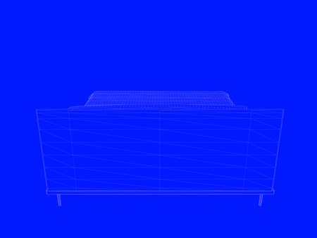 3d rendering of a bed blueprint as lines on a blue backgroundの写真素材