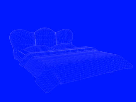 3d rendering of a bed blueprint as lines on a blue backgroundの写真素材