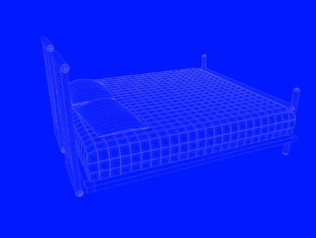 3d rendering of a bed blueprint as lines on a blue backgroundの写真素材