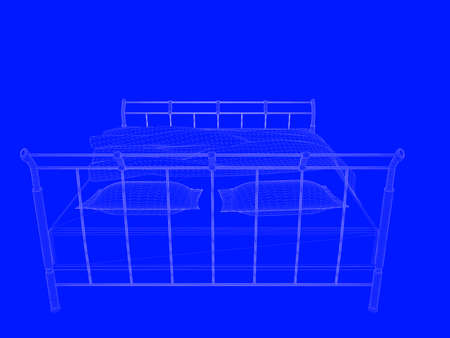3d rendering of a bed blueprint as lines on a blue backgroundの写真素材