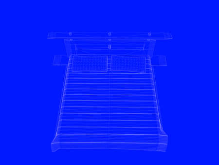 3d rendering of a bed blueprint as lines on a blue backgroundの写真素材