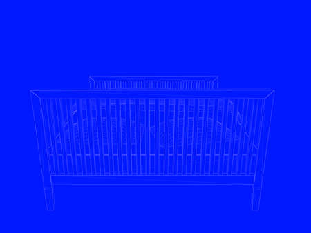 3d rendering of a bed blueprint as lines on a blue backgroundの写真素材