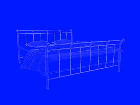 3d rendering of a bed blueprint as lines on a blue backgroundの写真素材