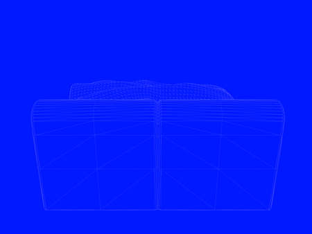 3d rendering of a bed blueprint as lines on a blue backgroundの写真素材