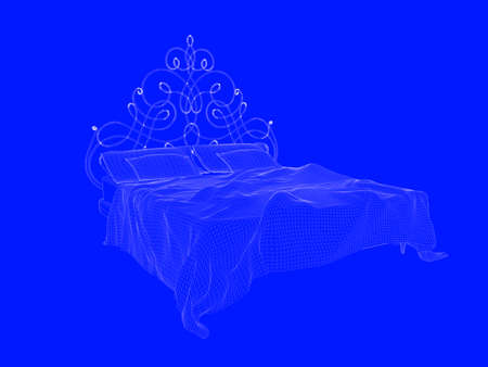 3d rendering of a bed blueprint as lines on a blue backgroundの写真素材