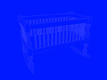3d rendering of a bed blueprint as lines on a blue backgroundの写真素材