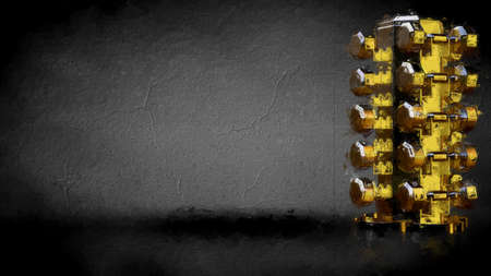 3d rendering of a golden gym equipment on a dark backgroundの写真素材