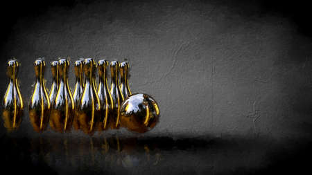 3d rendering of a golden bowling set on a dark backgroundの写真素材
