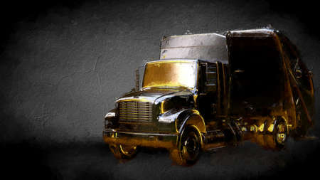 3d rendering of a golden truck on a dark backgroundの写真素材