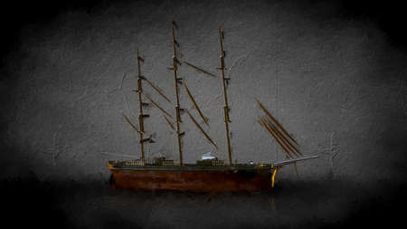 3d rendering of a golden pirate boat on a dark backgroundの写真素材