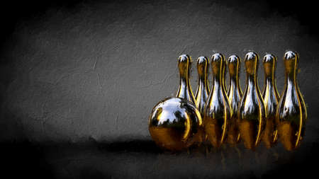 3d rendering of a golden bowling set on a dark backgroundの写真素材