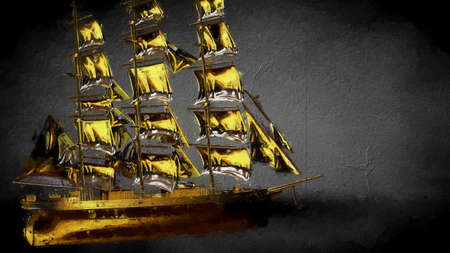 3d rendering of a golden pirate boat on a dark backgroundの写真素材