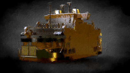 3d rendering of a golden ship on a dark backgroundの写真素材