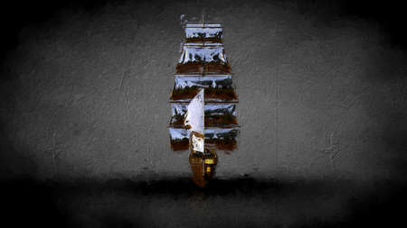 3d rendering of a golden pirate boat on a dark backgroundの写真素材
