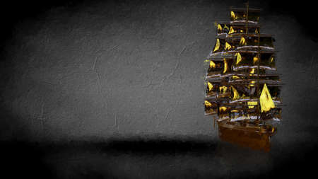 3d rendering of a golden pirate boat on a dark backgroundの写真素材