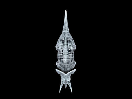 3d rendering of a white wired dino isoalted on black backgroundの写真素材