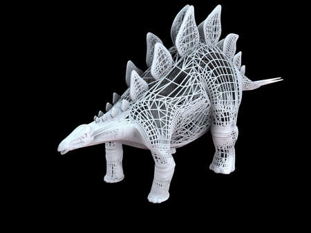 3d rendering of a white wired dino isoalted on black background