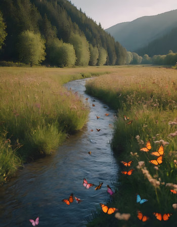 a beautiful lanscape river in the fantastic nature with greenの素材